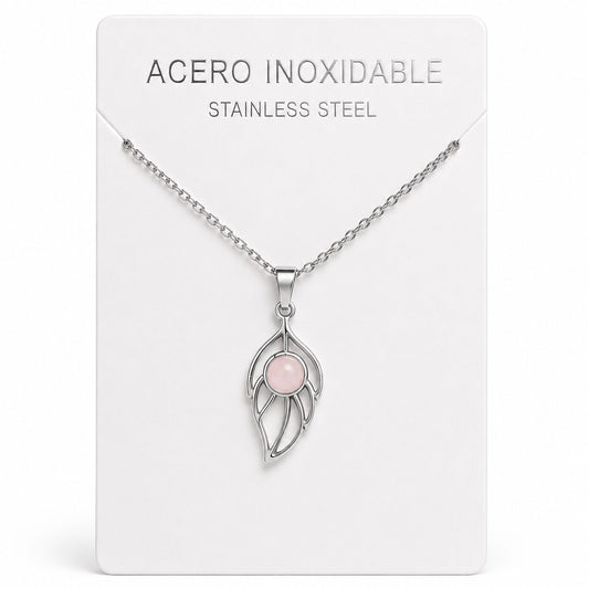 Collar Hoja de Acero Inoxidable Plateado con Cuarzo Rosa