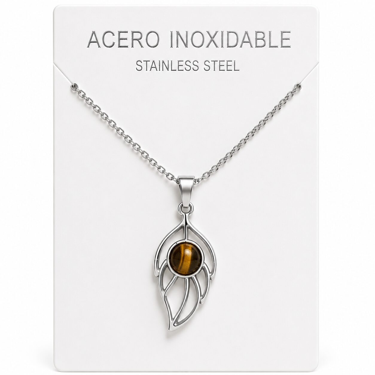Collar Hoja de Acero Inoxidable Plateado con Ojo de Tigre