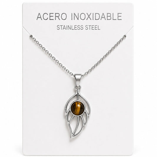Collar Hoja de Acero Inoxidable Plateado con Ojo de Tigre