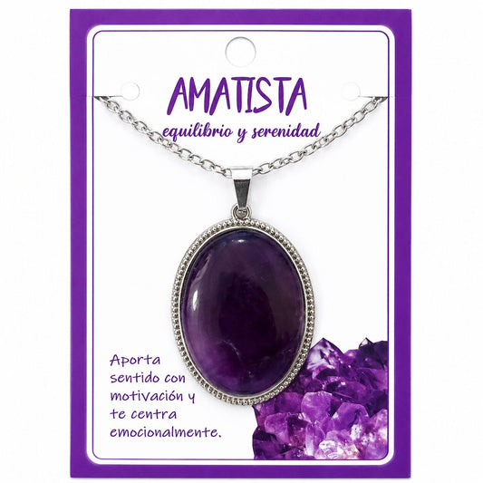Collar Ovalado de Acero Inoxidable Plateado con Amatista grande