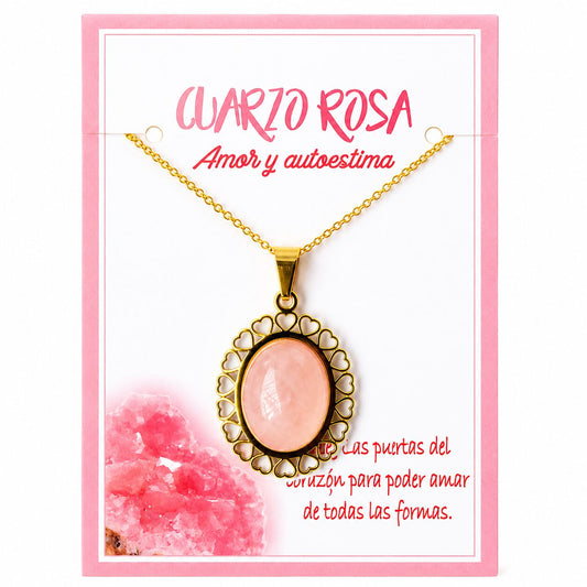 Collar de Cuarzo Rosa con Colgante de Corazones de Acero Inoxidable Dorado