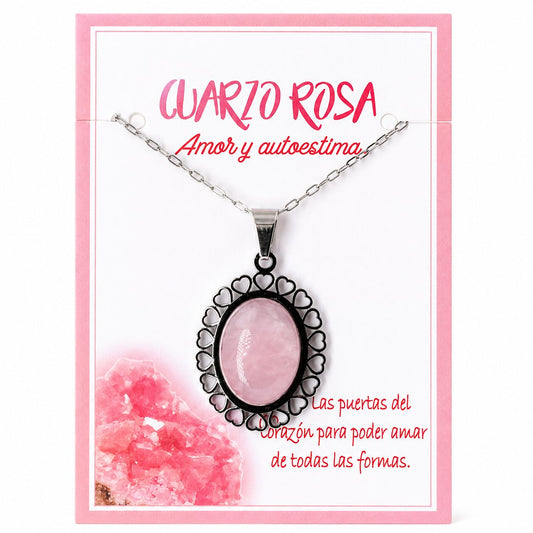 Collar de Cuarzo Rosa con Colgante de Corazones de Acero Inoxidable Plateado