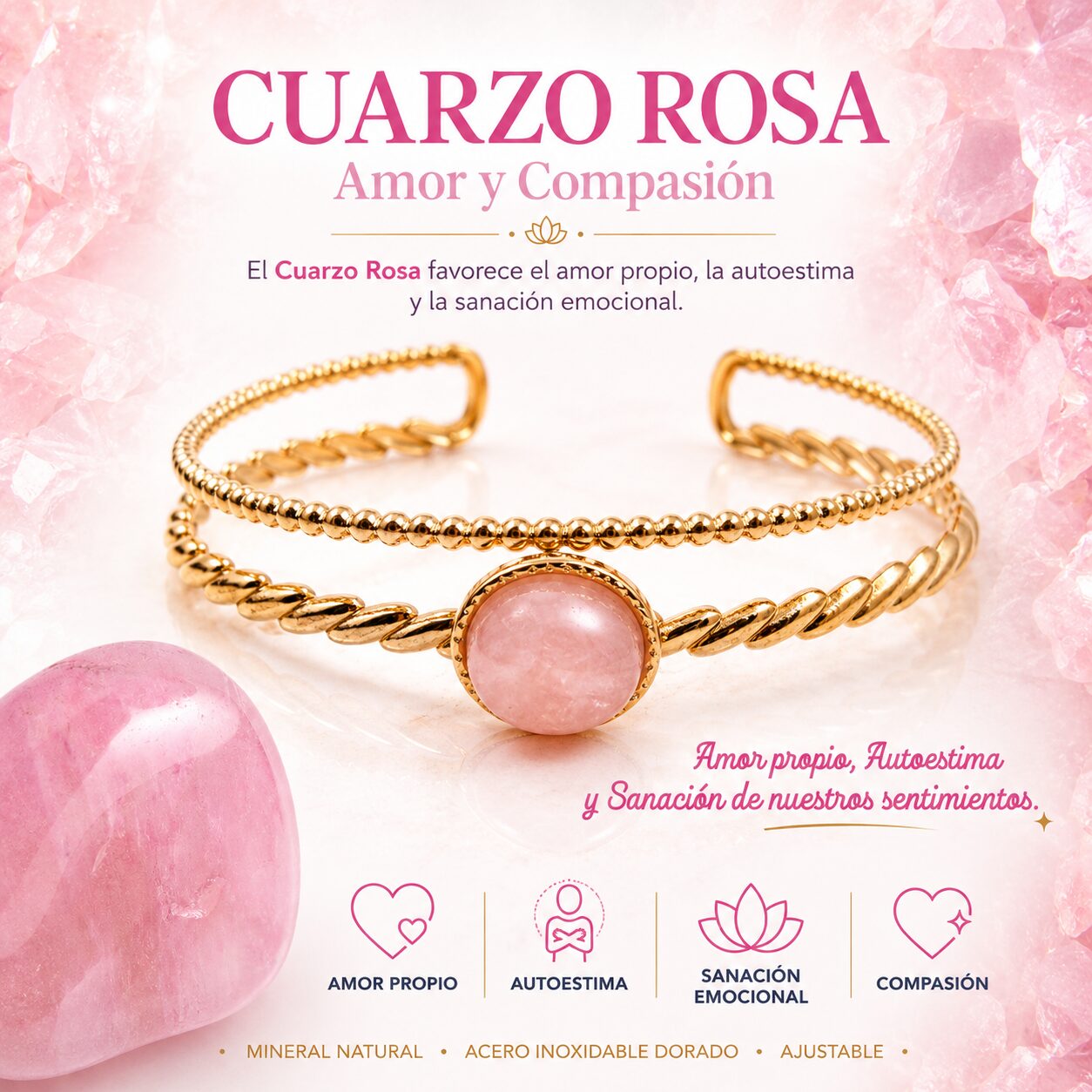 Brazalete de Cuarzo Rosa de Acero Inoxidable Dorado