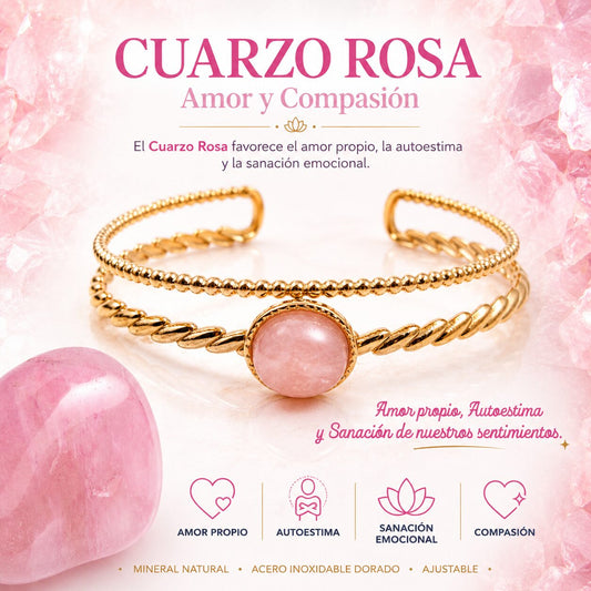 Brazalete de Cuarzo Rosa de Acero Inoxidable Dorado