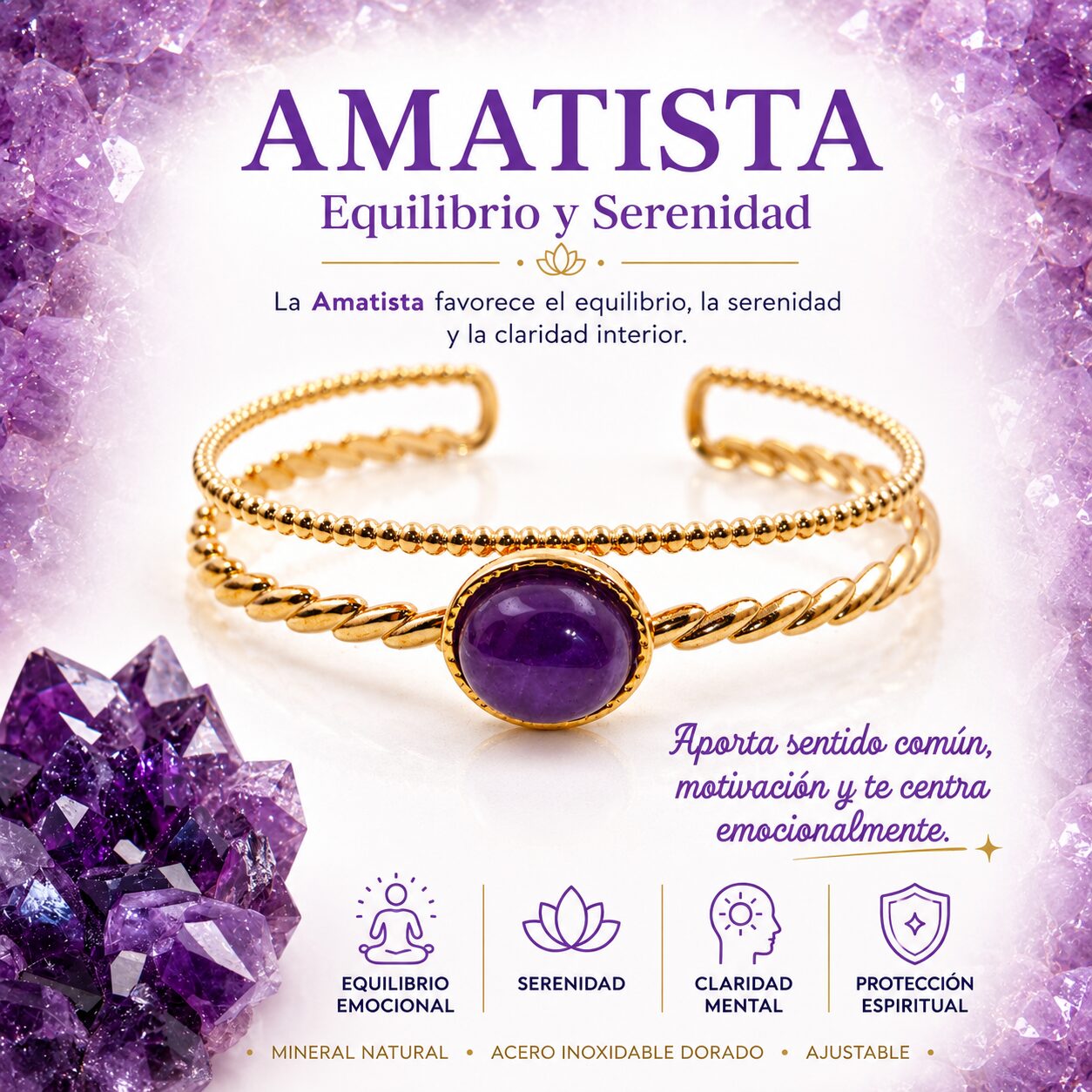 Brazalete de Amatista de Acero Inoxidable Dorado