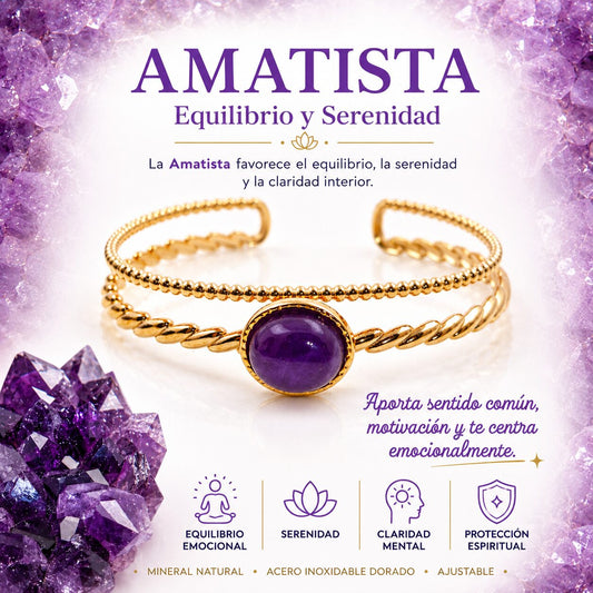 Brazalete de Amatista de Acero Inoxidable Dorado