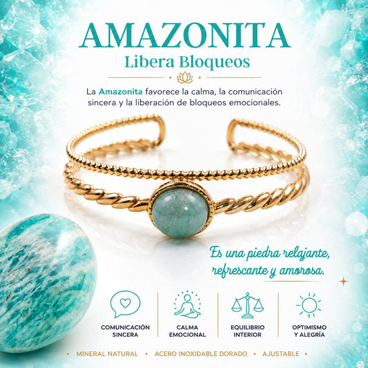 Brazalete de Amazonita de Acero Inoxidable Dorado