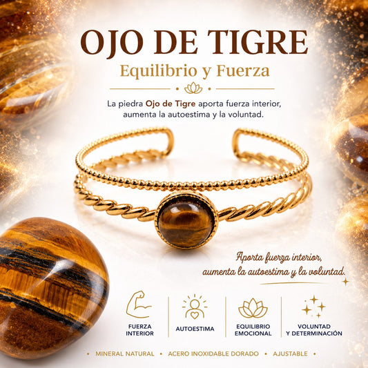 Brazalete de Ojo de Tigre de Acero Inoxidable Dorado