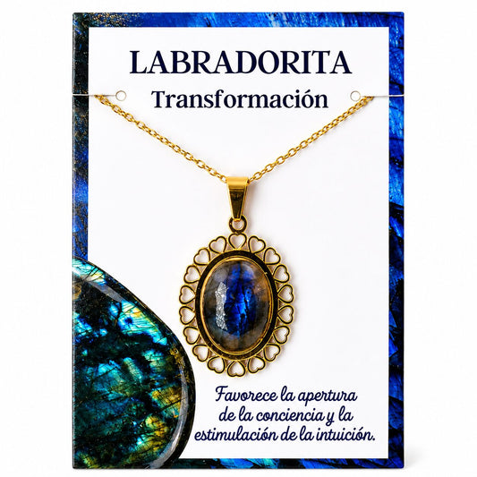 Collar de Labradorita con Colgante de Corazones de Acero Inoxidable Dorado