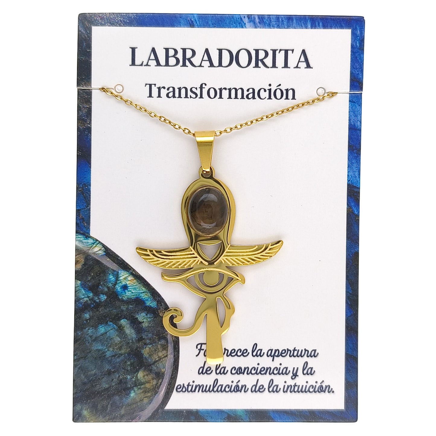 Collar Cruz Ankh Egipcia y Ojo de Horus de Acero Inoxidable Dorado con Labradorita grande