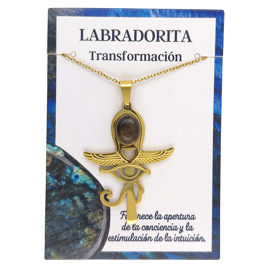Collar Cruz Ankh Egipcia y Ojo de Horus de Acero Inoxidable Dorado con Labradorita grande