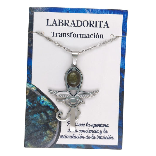 Collar Cruz Ankh Egipcia y Ojo de Horus de Acero Inoxidable Plateado con Labradorita grande