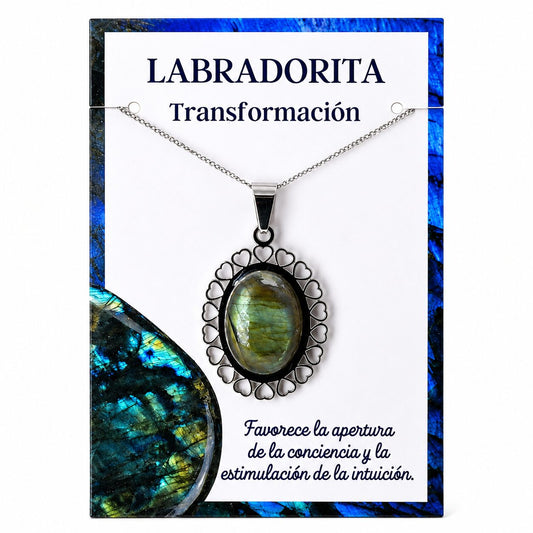 Collar de Labradorita con Colgante de Corazones de Acero Inoxidable Plateado