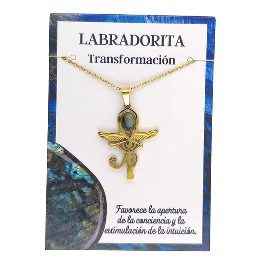 Collar Cruz Ankh Egipcia y Ojo de Horus de Acero Inoxidable Dorado con Labradorita pequeña