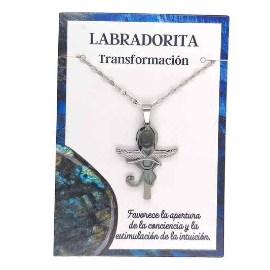 Collar Cruz Ankh Egipcia y Ojo de Horus de Acero Inoxidable Plateado con Labradorita pequeña