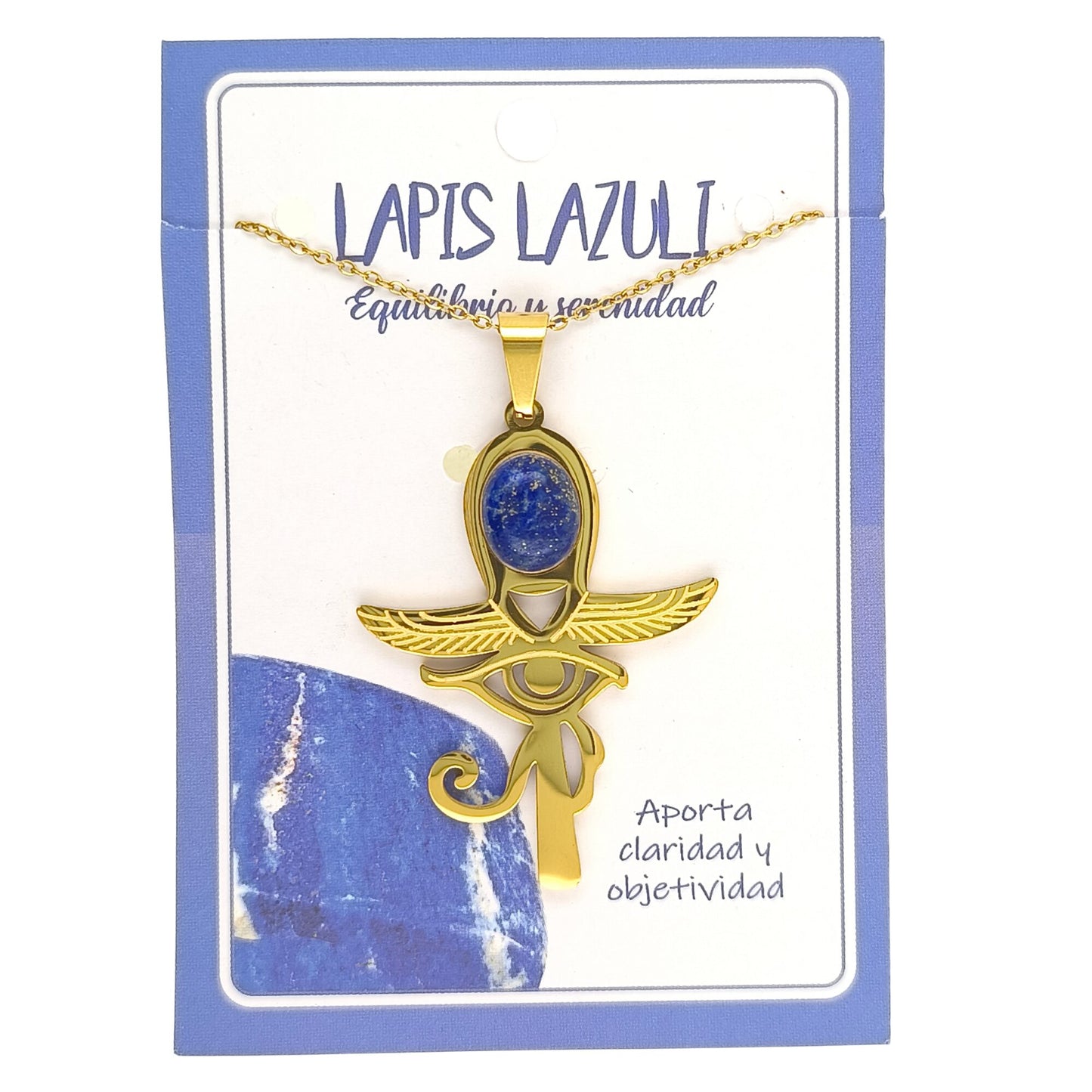 Collar Cruz Ankh Egipcia y Ojo de Horus de Acero Inoxidable Dorado con Lapislázuli grande