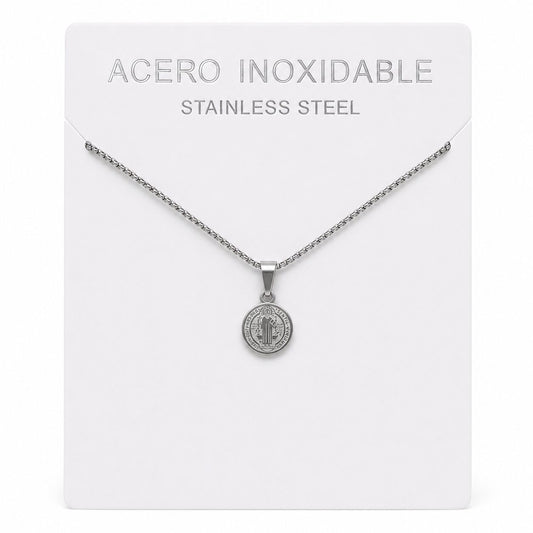 Colgante Mini Medalla de San Benito de Acero Inoxidable Plateado