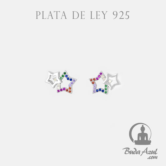 Pendientes Plata de Ley 925 DOBLE ESTRELLAS CIRCONITAS COLORES REF. 690