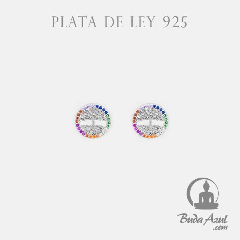 Pendientes Plata de Ley 925 ARBOL DE LA VIDA RAICES CIRCONITAS COLORES REF. 690