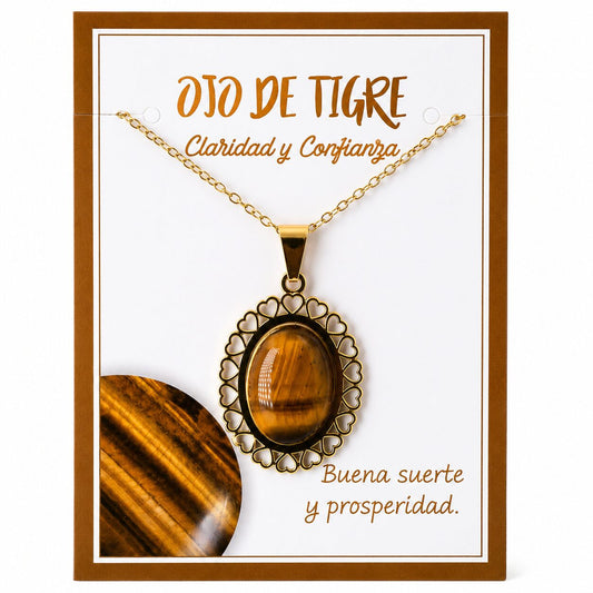 Collar de Ojo de Tigre con Colgante de Corazones de Acero Inoxidable Dorado