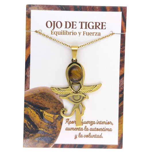 Collar Cruz Ankh Egipcia y Ojo de Horus de Acero Inoxidable Dorado con Ojo de Tigre grande