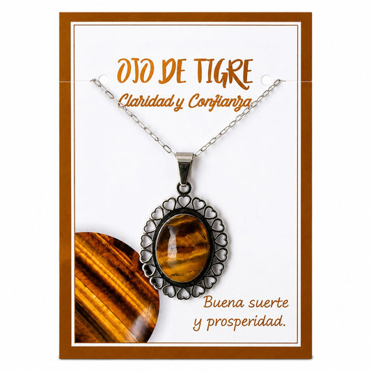 Collar de Ojo de Tigre con Colgante de Corazones de Acero Inoxidable Plateado