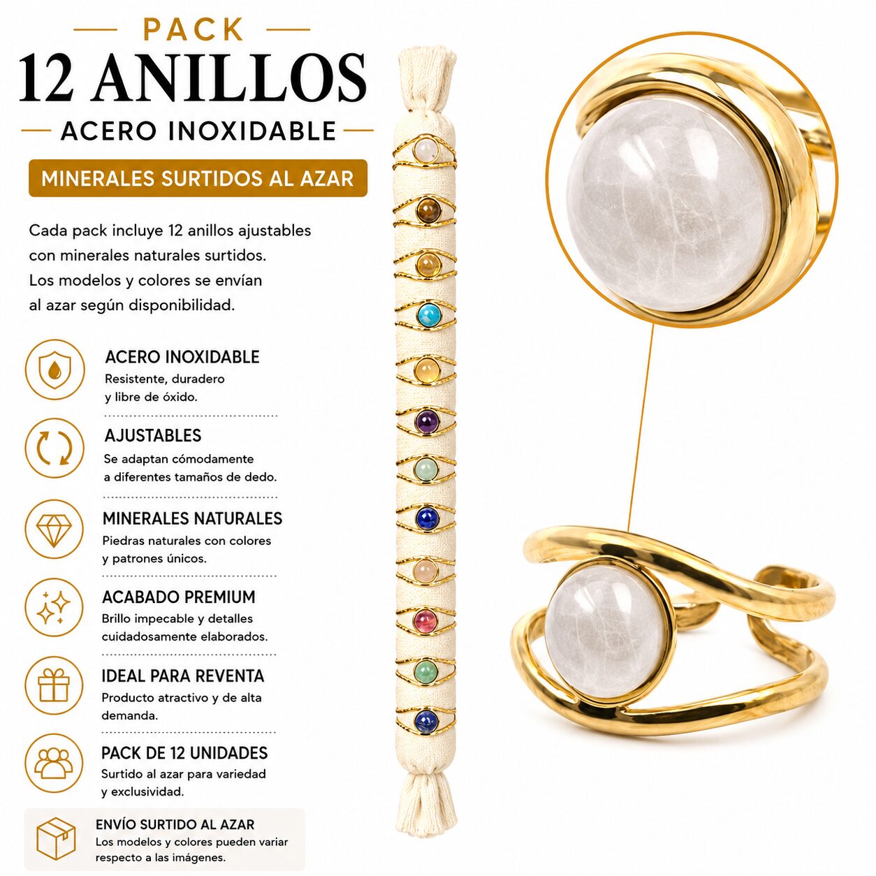 Pack de 12 Anillos Ajustables Modelo 11 de Acero Inoxidable Dorado con Minerales Naturales Surtidos
