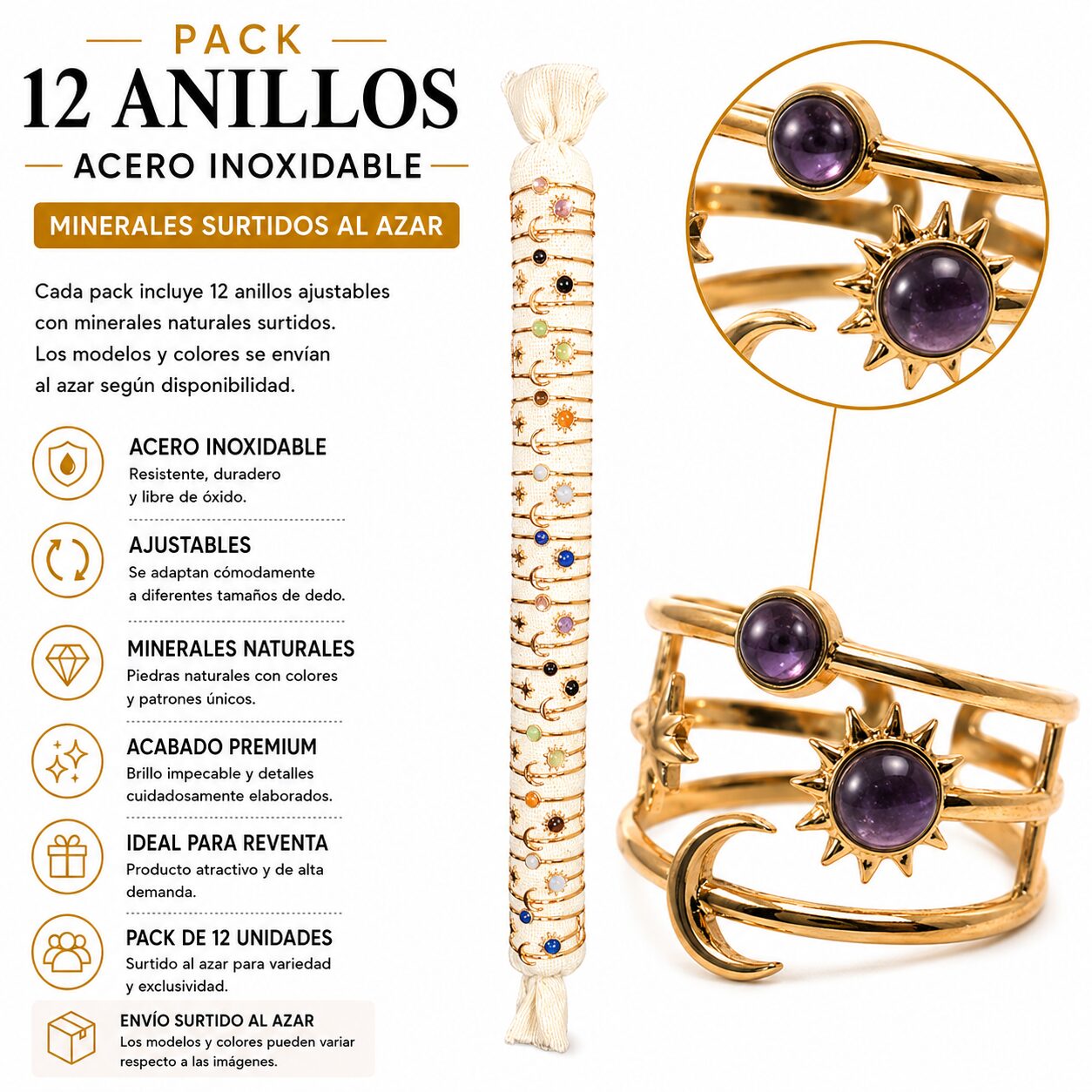 Pack de 12 Anillos Ajustables Modelo 13 de Acero Inoxidable Dorado con Minerales Naturales Surtidos