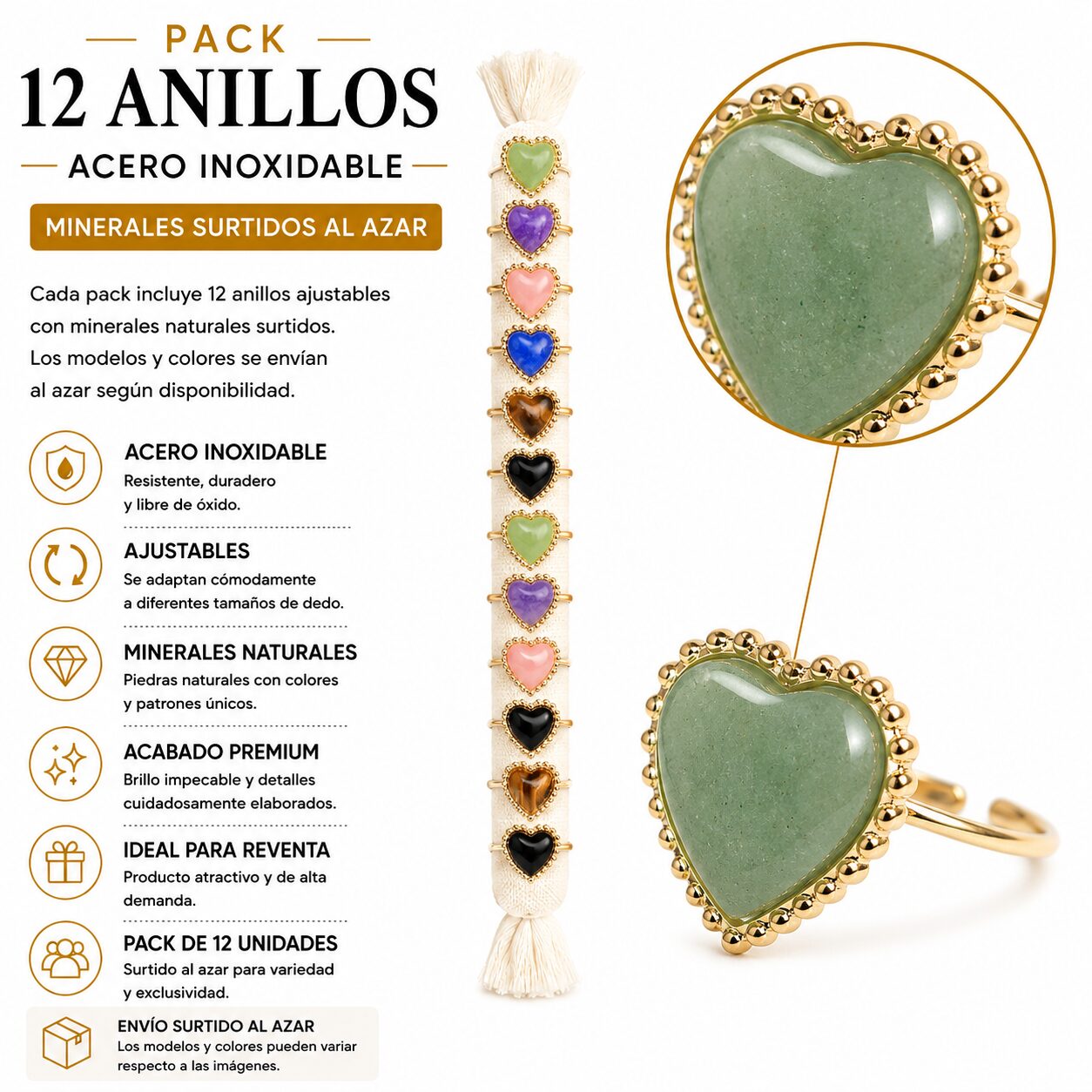 Pack de 12 Anillos Ajustables Modelo 15 de Acero Inoxidable Dorado con Minerales Naturales Surtidos