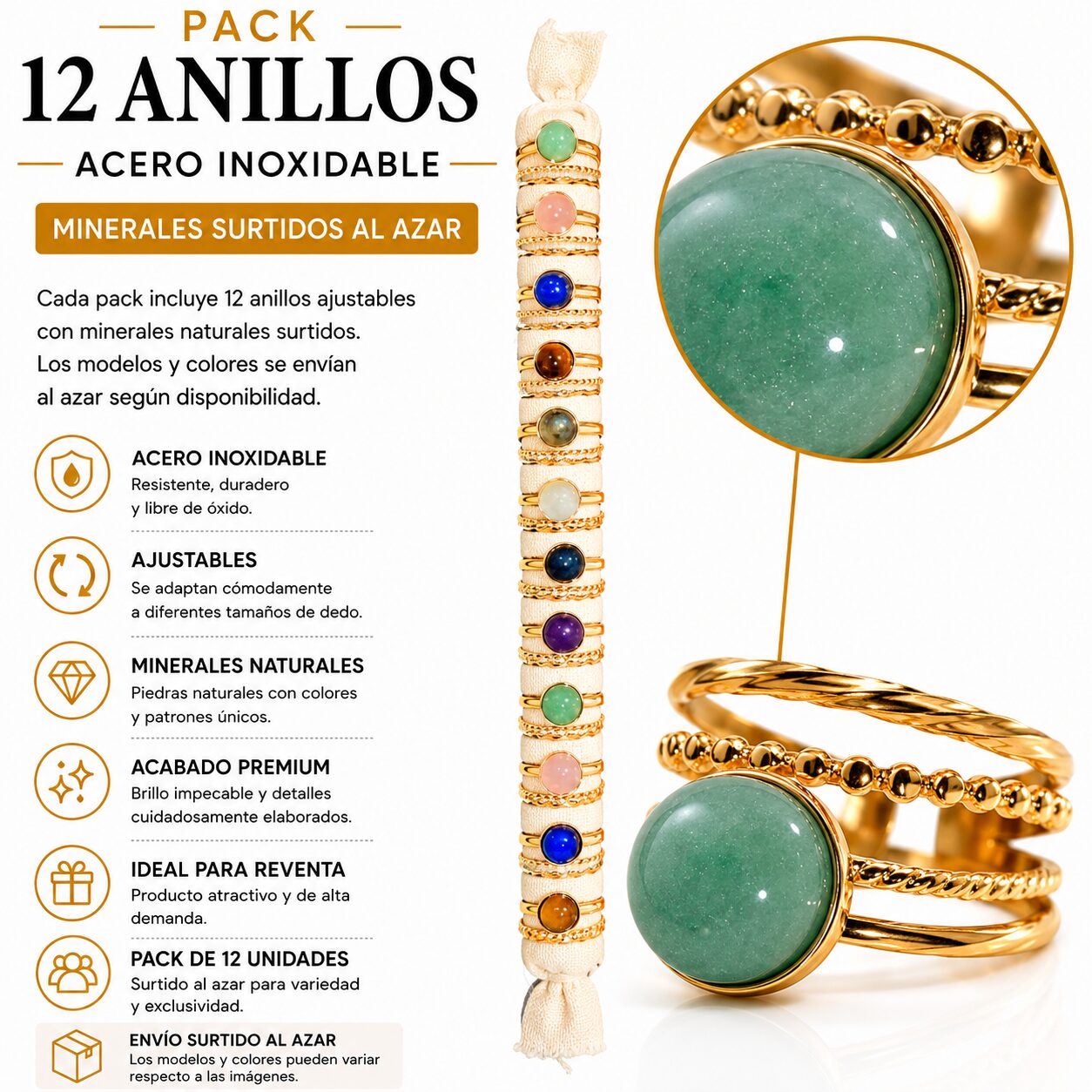 Pack de 12 Anillos Ajustables Modelo 18 de Acero Inoxidable Dorado con Minerales Naturales Surtidos