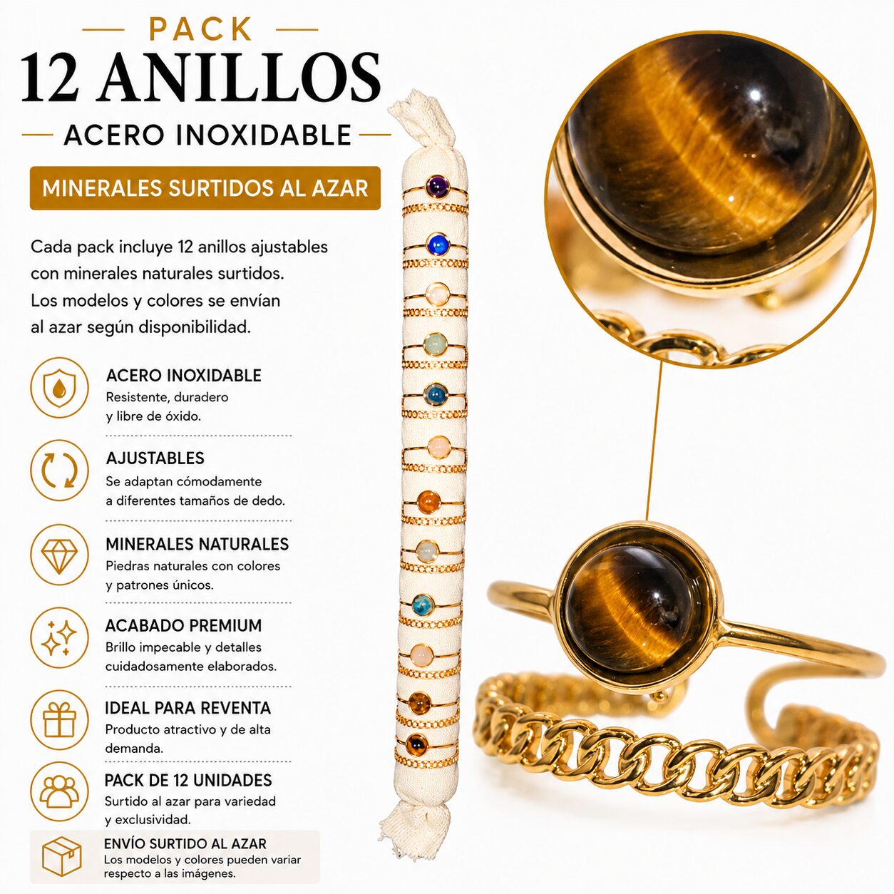 Pack de 12 Anillos Ajustables Modelo 21 de Acero Inoxidable Dorado con Minerales Naturales Surtidos