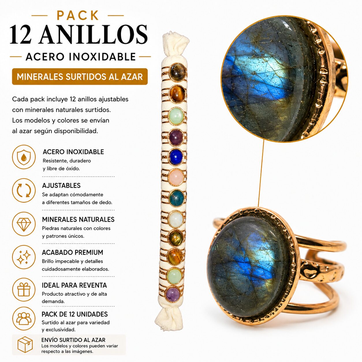 Pack de 12 Anillos Ajustables Modelo 22 de Acero Inoxidable Dorado con Minerales Naturales Surtidos