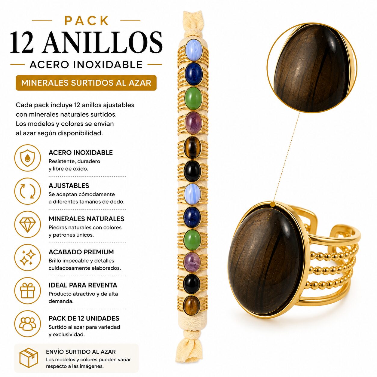 Pack de 12 Anillos Ajustables de Acero Inoxidable Dorado con Minerales Naturales Surtidos Modelo 2