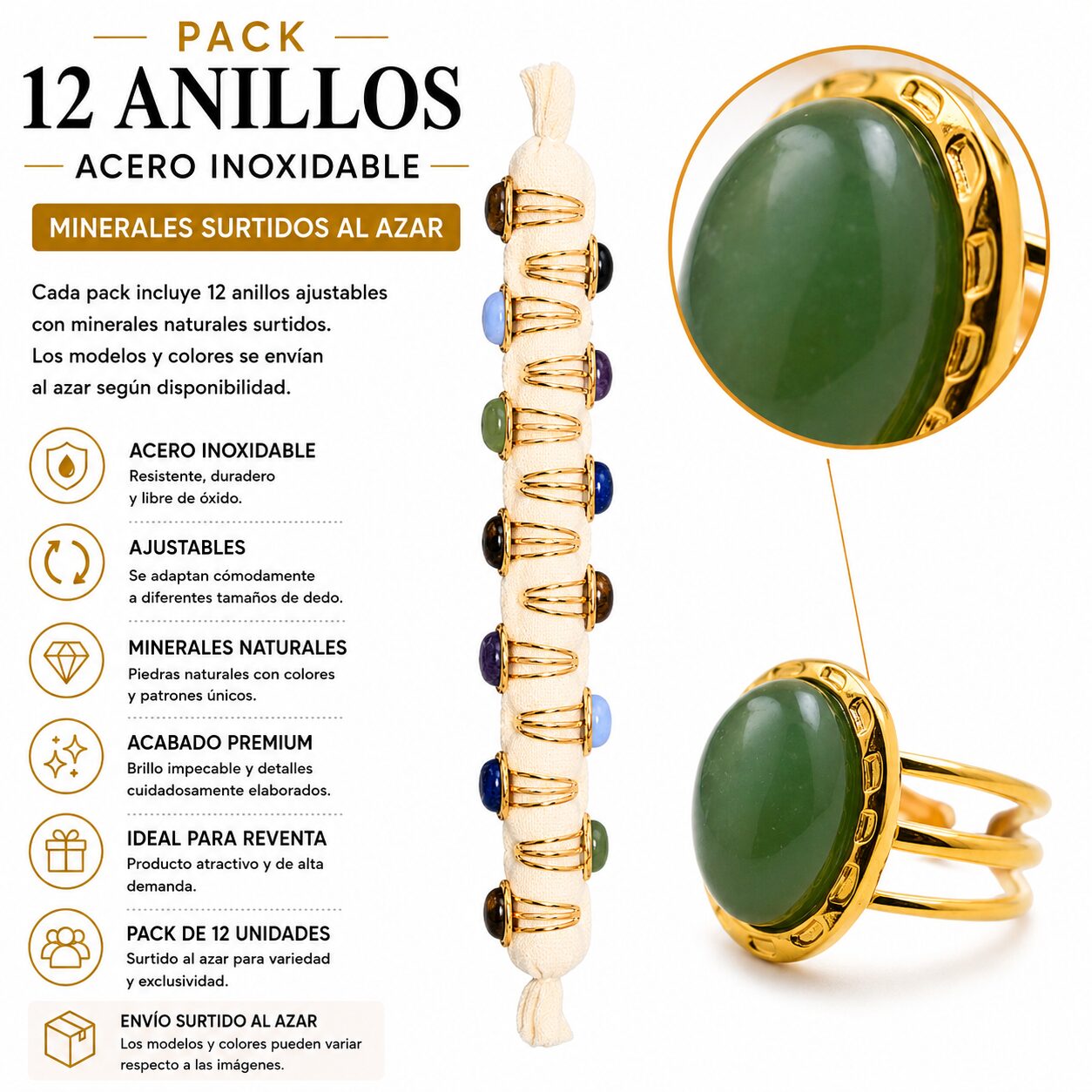 Pack de 12 Anillos Ajustables Modelo 6 de Acero Inoxidable Dorado con Minerales Naturales Surtidos