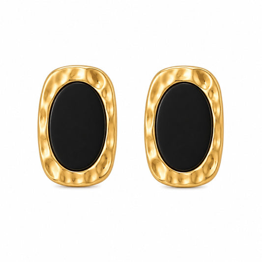 Pendientes Ovalados Negros de Acero Inoxidable Dorado