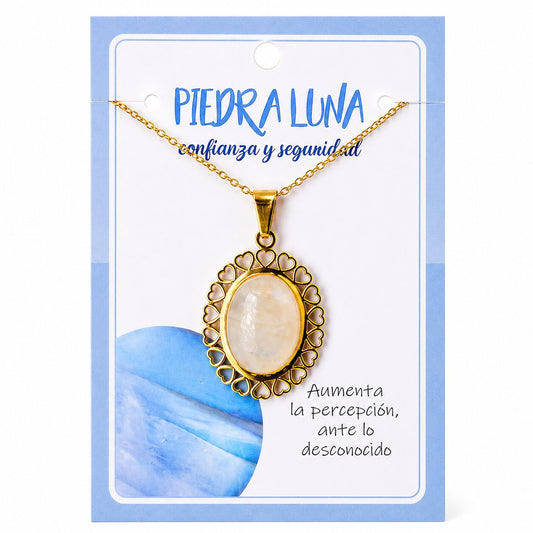 Collar de Piedra Luna con Colgante de Corazones de Acero Inoxidable Dorado