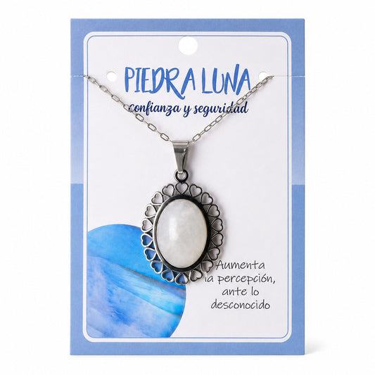 Collar de Piedra Luna con Colgante de Corazones de Acero Inoxidable Plateado