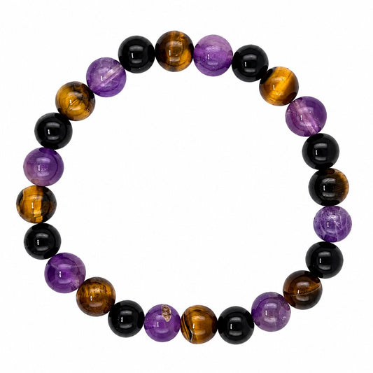 Pulsera Mineral de Amatista, Ojo de Tigre y Obsidiana 8 mm